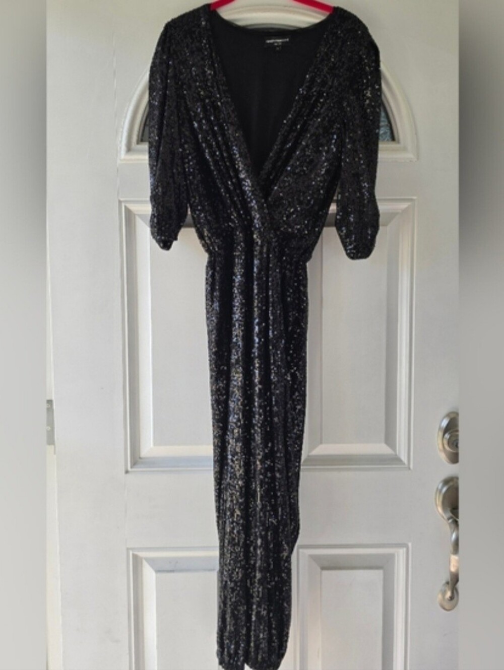 Generation Love Sequin Jumpsuit Black XS Faux Wrap V-Neck Holiday Party NYE Glam - Picture 3 of 16